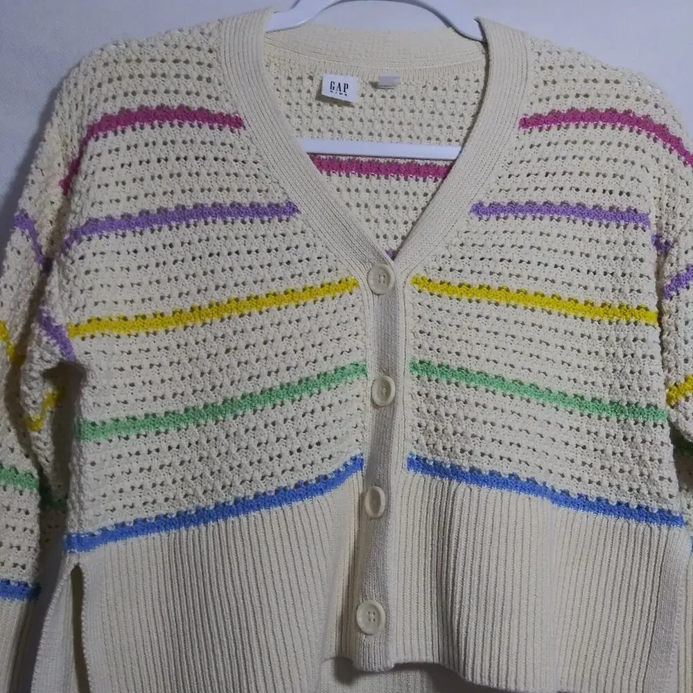 Gap Pointelle Cardigan Multi Stripe Cotton Spring Easter Button Front Size M